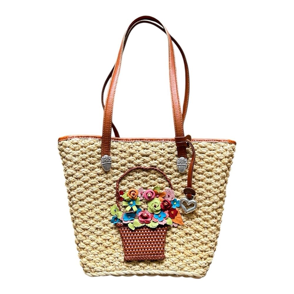 Brighton Straw Woven Tote Bag 3D Leather Flower Basket Heart Charm